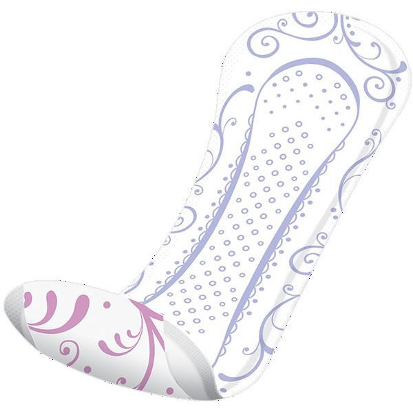 Poise Incontinence Liners, 2 Drops Very Light Absorbency, Long Length by Poise, feature a decorative purple and pink pattern with swirls and dots. Designed for light bladder leaks with an absorb-loc core, shown on a white background.