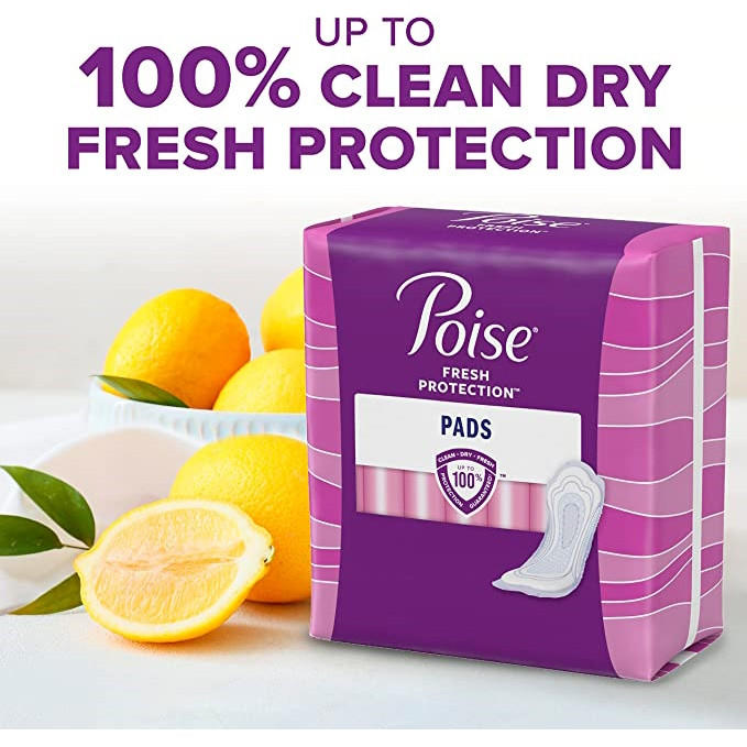Poise Incontinence Pads, 3 Drops Light Absorbency, are shown next to whole and sliced lemons. Bold text above reads, “Up to 100% Clean Dry Fresh Protection.” These Poise pads help you feel dry and confident with light absorbency.