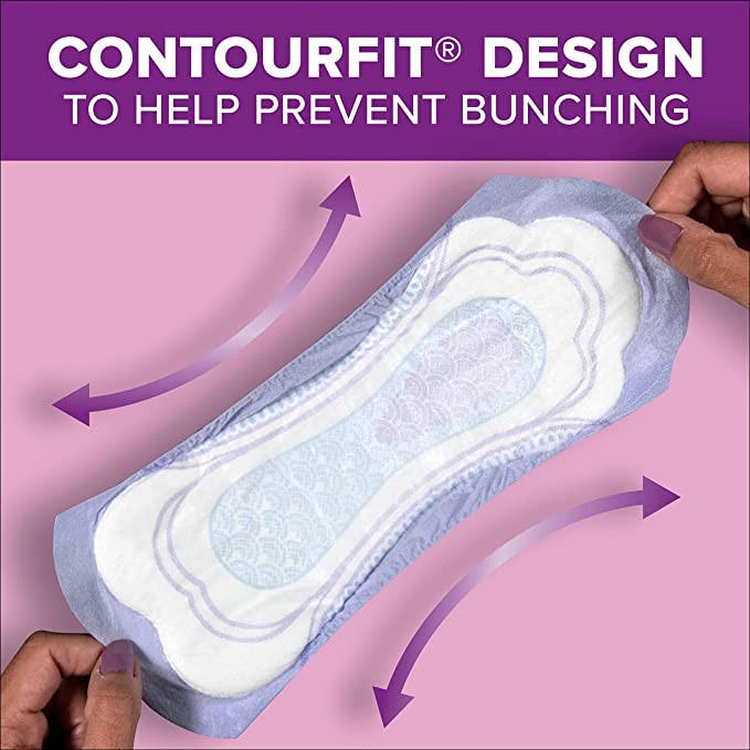 A person holds Poise Incontinence Pads, 3 Drops Light Absorbency by Poise against a pink backdrop. Text above reads CONTOURFIT® DESIGN TO HELP PREVENT BUNCHING, with arrows showing the pad’s contoured, comfortable shape.