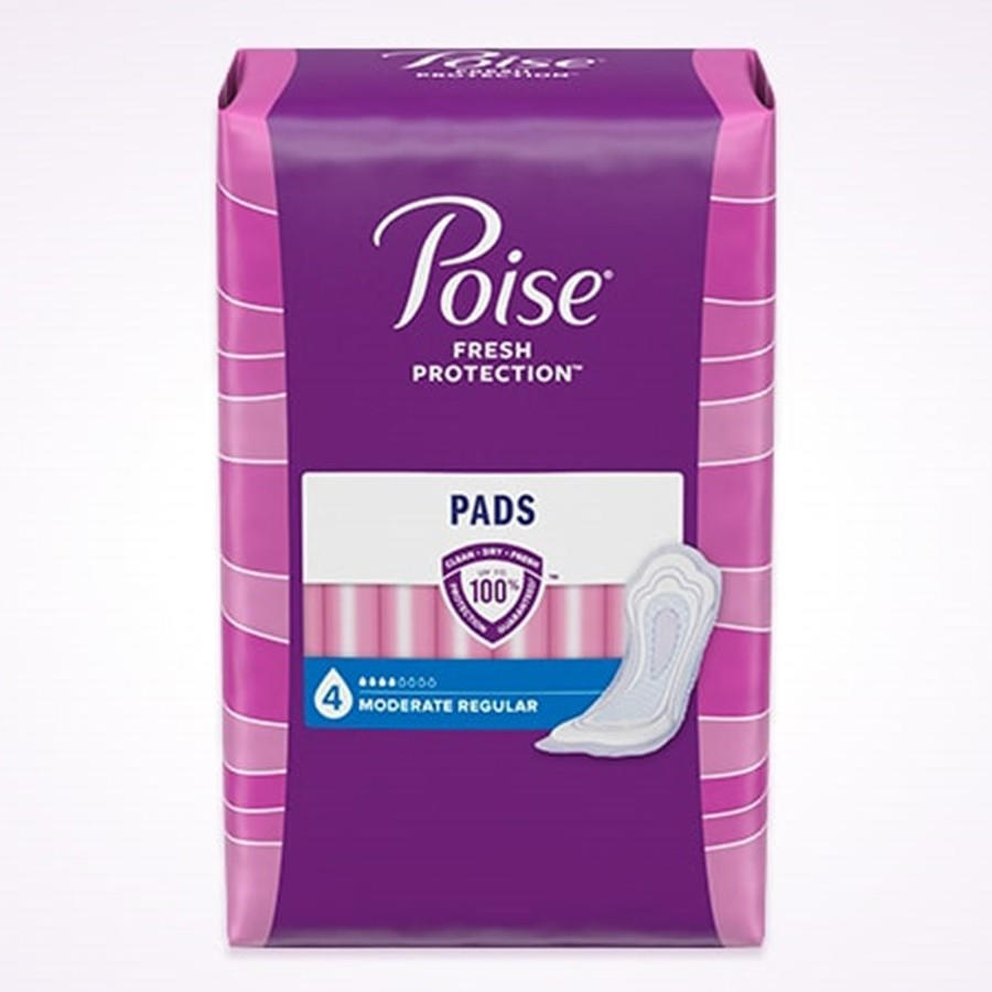 A purple package of Poise Incontinence Pads, 4 Drops Moderate Absorbency, features a white pad illustration and a 100% clean, dry, fresh badge on front for reliable bladder leakage protection.