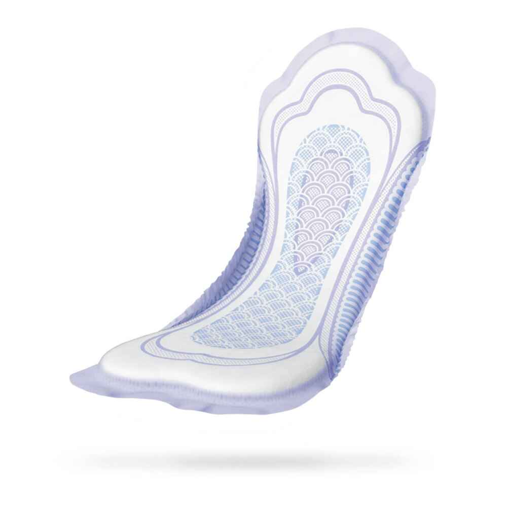 A single, unused Poise Incontinence Pad, 4 Drops Moderate Absorbency, features a contoured shape and textured blue patterns on a white surface, shown floating against a plain white background.