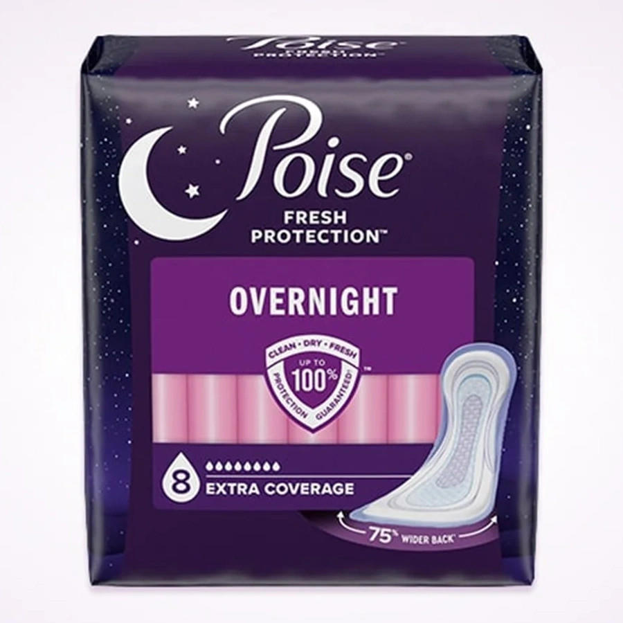 Poise Overnight Incontinence Pads, Regular Length, 8 Drops Extra Coverage (8 pads) deliver up to 100% clean, dry, fresh protection. Package features a crescent moon graphic and offers maximum absorbency for overnight use.