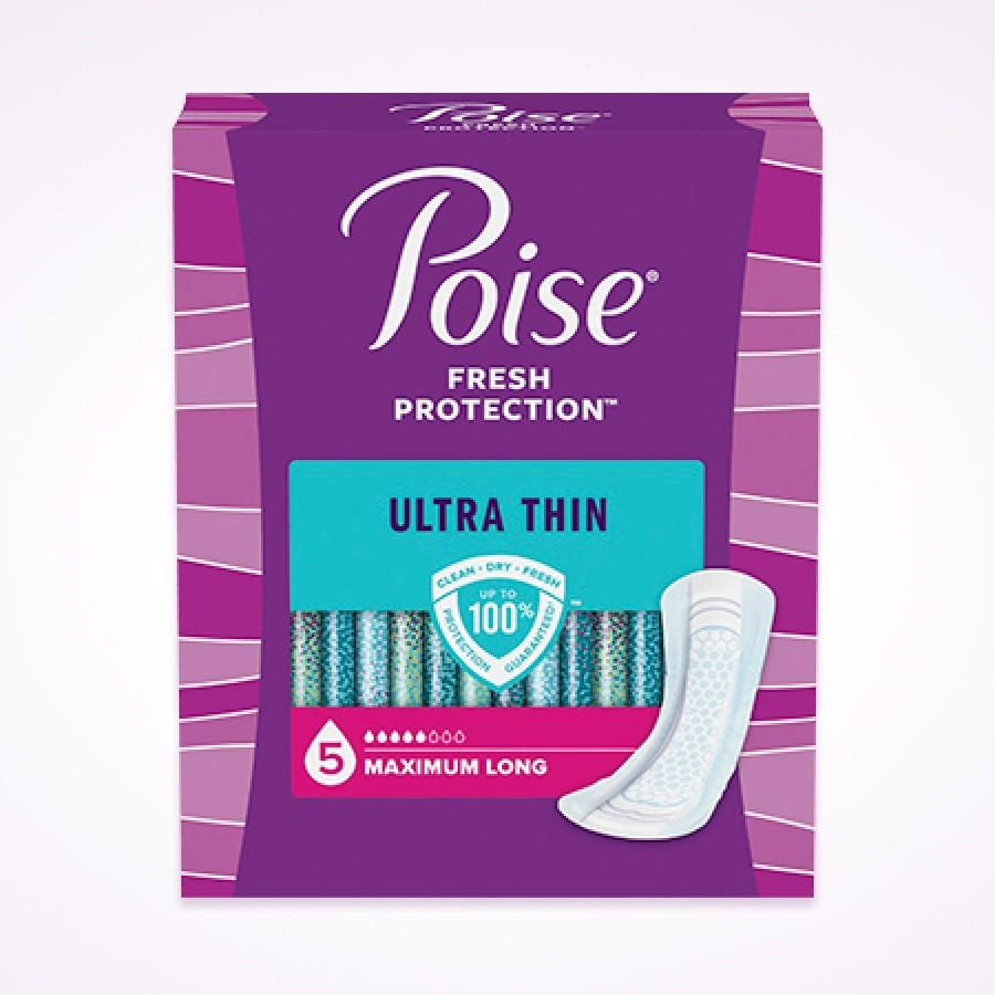 Poise Ultra Thin Pads, 5 Drops Maximum Absorbency, Long Length come in a discreet blue and purple box featuring the Poise brand and an image of a pad on the lower right.