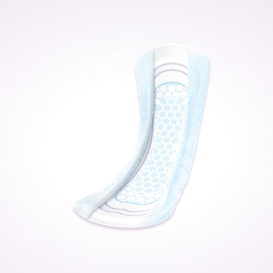 Poise Ultra Thin Pads, 6 Drops Ultimate Absorbency, Long Length by Poise—light blue pads with a curved, slim design and patterned absorbent center, shown on a pale background.