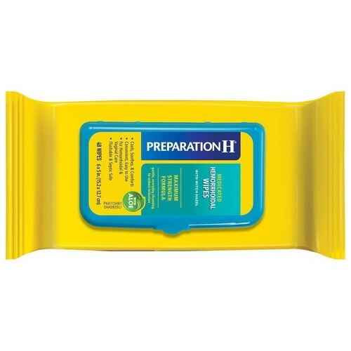 A yellow package of Preparation H Hemorrhoid Medicated Wipes, 48 ct, features a blue and green label with product details and a central resealable opening.