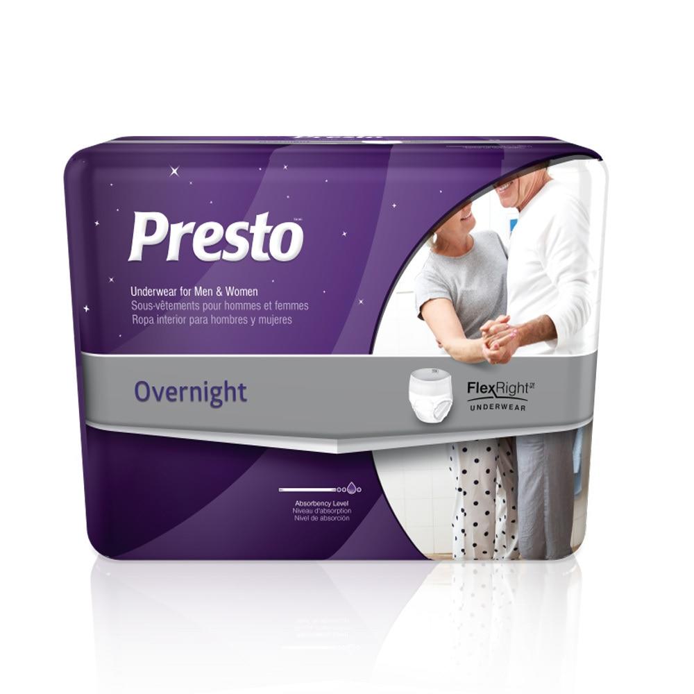 A package of Presto FlexRight Underwear, Overnight by Presto, designed for men and women with leak protection, odor control, a purple design, and an image of an older smiling couple holding hands on the front.