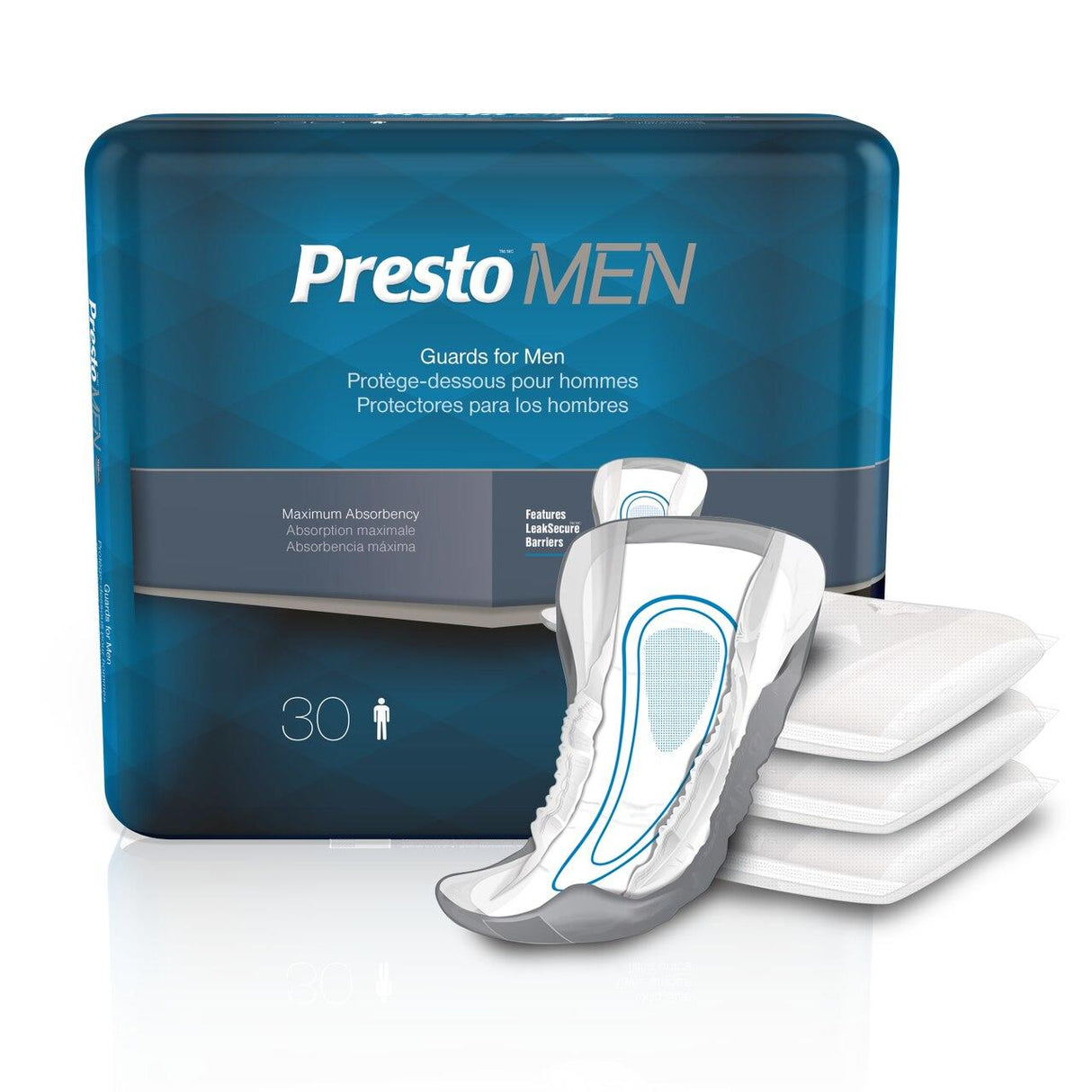 A package of Presto Guards for Men by Presto, with discreet male incontinence pads, product logo, bilingual description, and an image showing three stacked pads next to an open pad designed for leak protection.