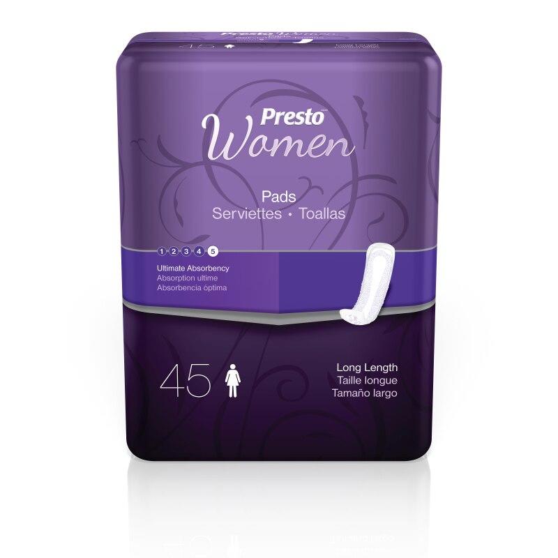 A purple Presto Pads for Women, Ultimate package with floral design shows 45 heavy absorbency pads. MoistureLock dual core, Ultimate Absorbency, and Long Length features are highlighted in English, Spanish, and French with pad illustration.