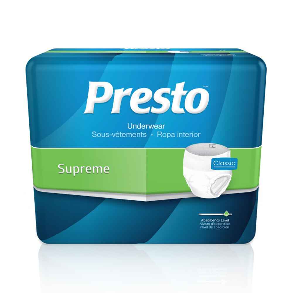 A package of Presto Classic Underwear, Supreme by Presto features a blue and green design, product image, and the words Underwear, Sous-vêtements, and Ropa interior for secure leak protection.
