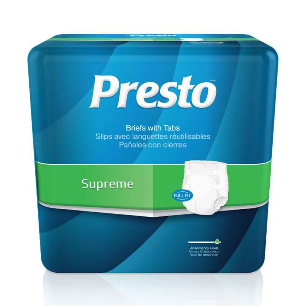 A blue package of Presto Supreme Heavy Absorbency Adult Briefs by Presto, showing a small white diaper image, includes details in English, French, and Spanish, and highlights heavy absorbency for incontinence protection.