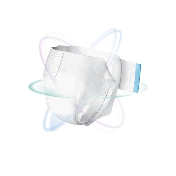 A white disposable diaper with blue tabs floats on a white background, surrounded by blue and purple swirls, conveying motion and comfort—ideal for heavy bladder leakage protection with Prevail Air Overnight Adult Briefs by Prevail.