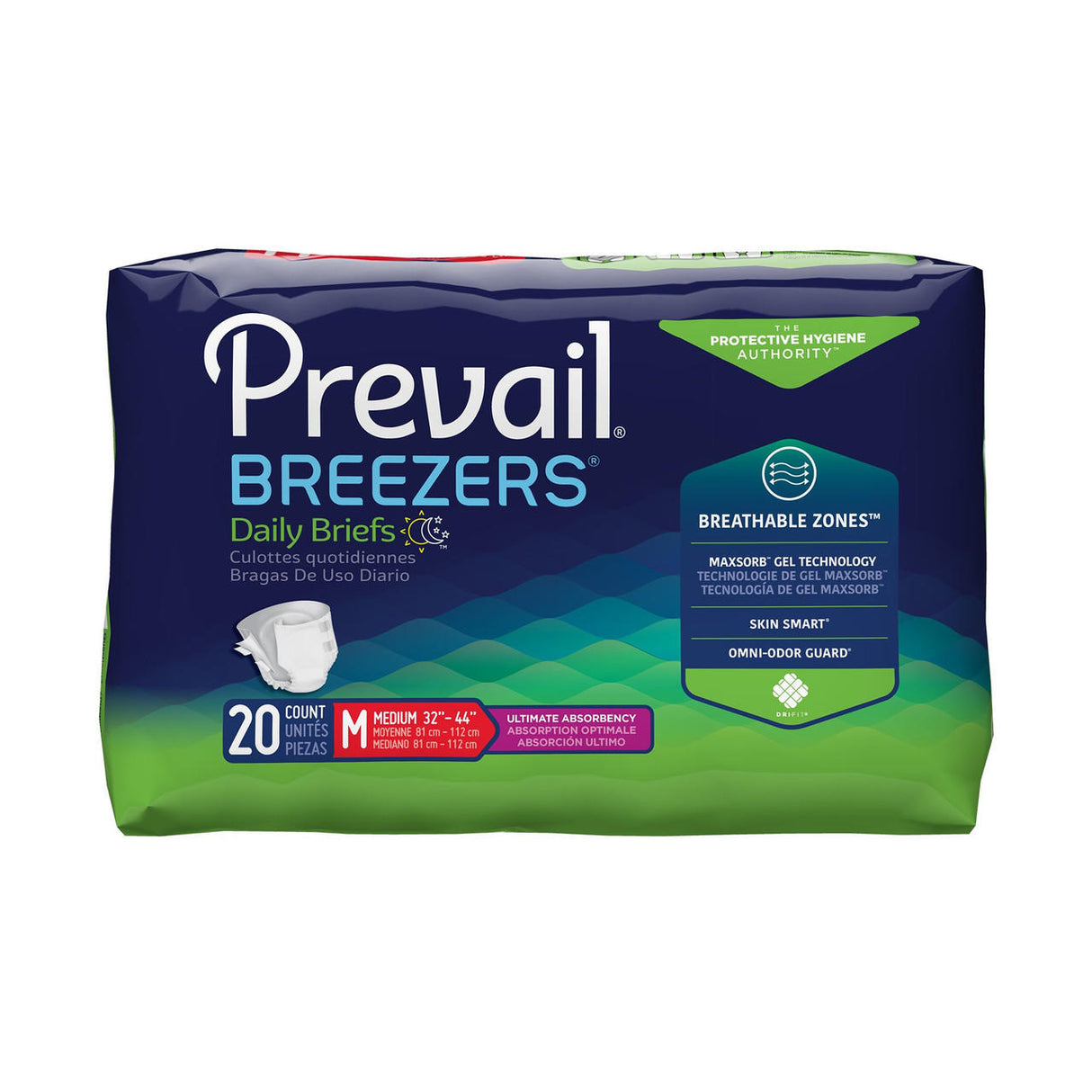 Prevail Breezers Adult Diapers Briefs, Medium size, 20-count pack by Prevail offers heavy absorbency and reliable leak protection. The blue and green packaging displays product details and images of the briefs.