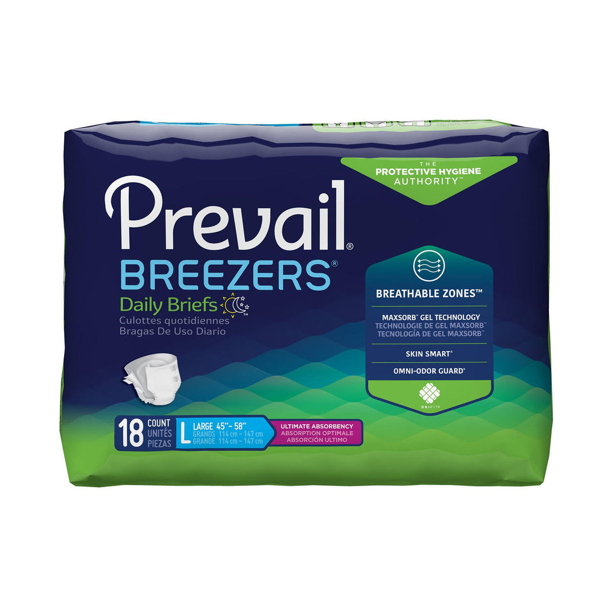 Prevail Breezers Adult Diapers Briefs, size Large (45-58), 18 count, offer heavy absorbency, breathable zones, and advanced leakage protection for ultimate hygiene confidence. Brand: Prevail.