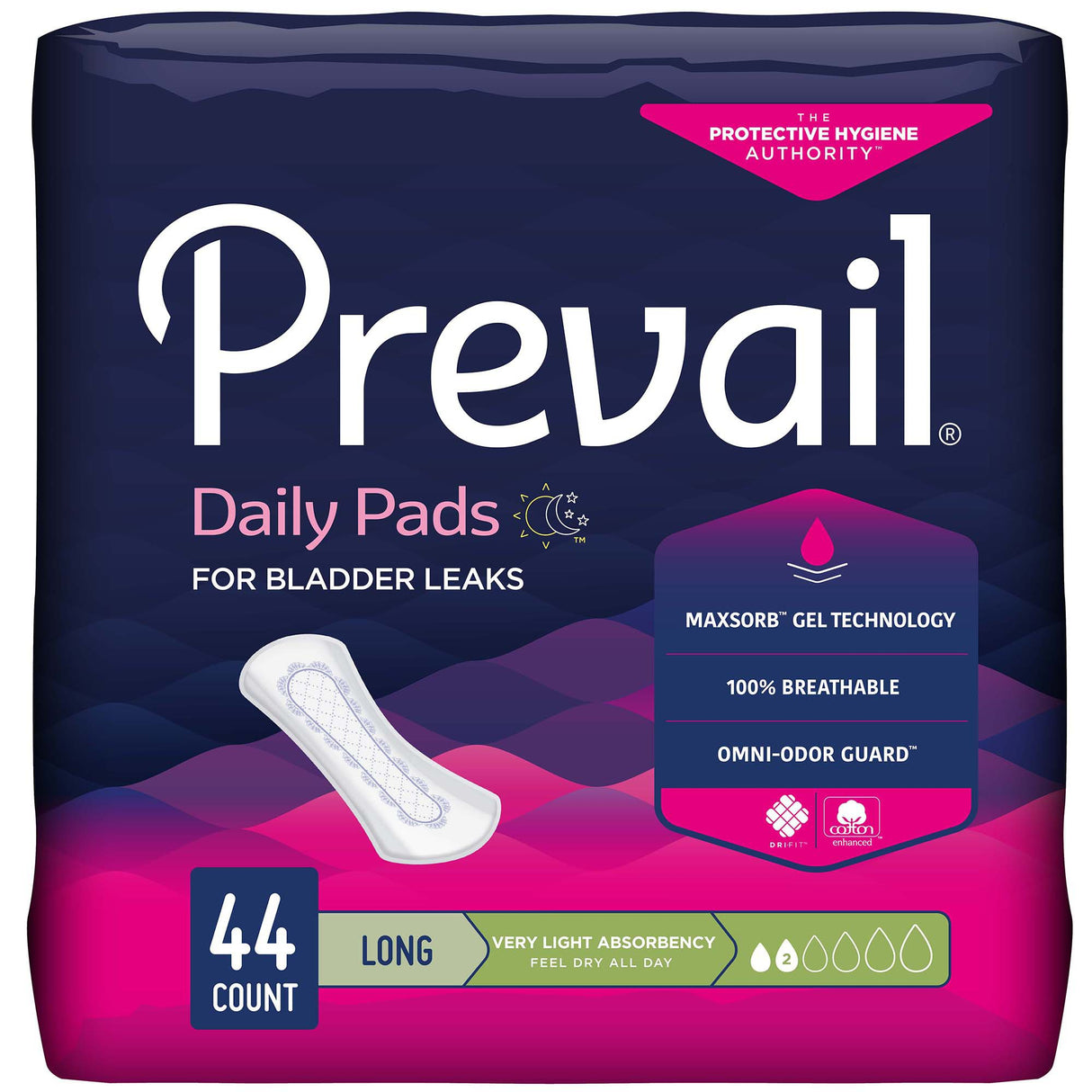 Prevail Daily Pads, Very Light by Prevail: package of 44 long-length pads for bladder leaks with MaxSorb Gel Technology, 100% breathability, Omni-Odor Guard, and very light protection. Packaging is dark blue and pink.