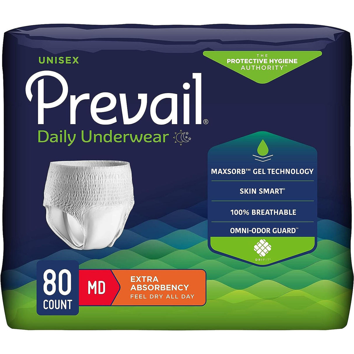 Prevail Daily Underwear, Extra Absorbency, unisex, size medium, 80 count. Features MaxSorb gel technology, Skin Smart fabric, Omni-Odor Guard, and extra absorbency for moderate leakage protection.