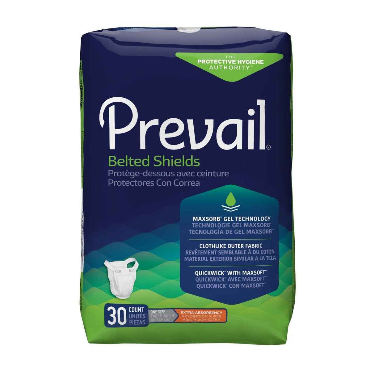 Prevail Extra Absorbency Belted Shields provide bladder leakage protection with MAXSORB gel, cloth-like fabric, and quick-wick tech. Each bag includes 30 pads. Packaging text is in English, French, and Spanish.
