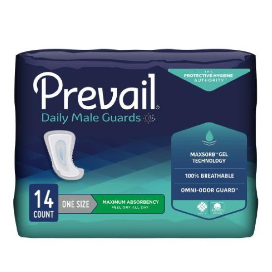 Prevail Male Guards by Prevail come in a pack of 14 one-size, maximum absorbency guards with MaxSorb gel for light leakage, omni-odor guard, and 100% breathability. The blue and green packaging ensures freshness and comfort.