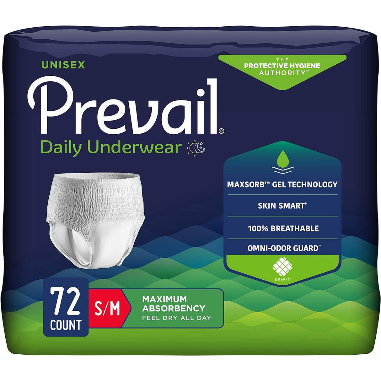 Prevail Maximum Absorbency Underwear, unisex, size S/M, 72 count. Features MaxSorb gel technology for heavy leakage protection, Skin Smart fabric, 100% breathability, and Omni-Odor Guard. Dark blue and green packaging.