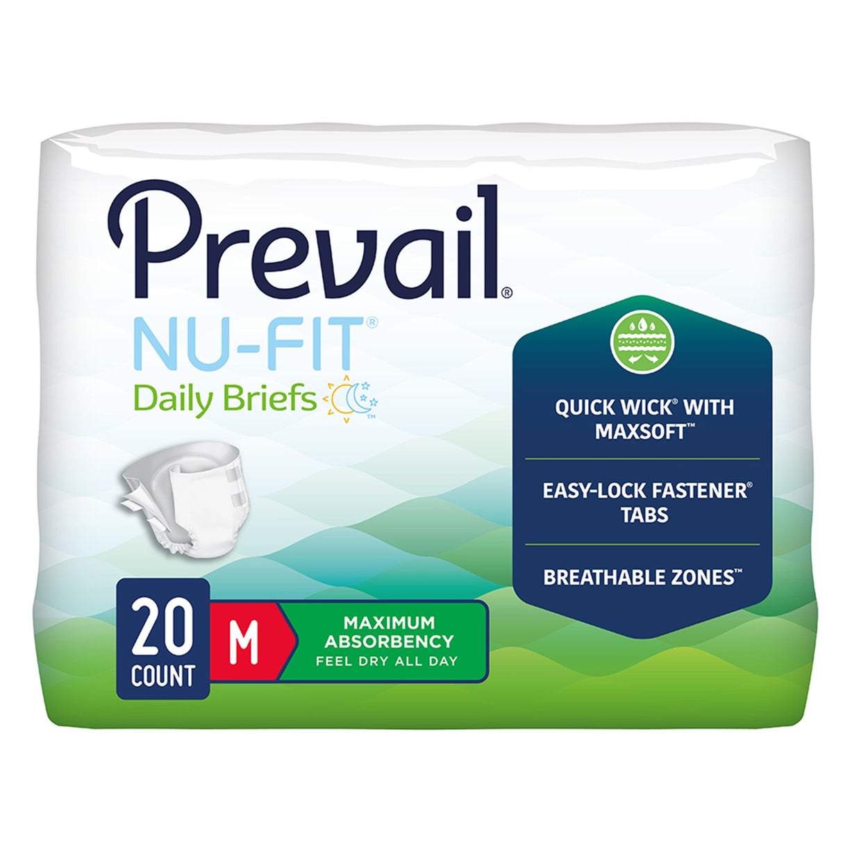 Prevail Nu-Fit Adult Briefs, medium, 20 count: maximum absorbency, Quick Wick with MaxSoft, Easy-Lock Fastener tabs, and breathable zones for comfort and protection.