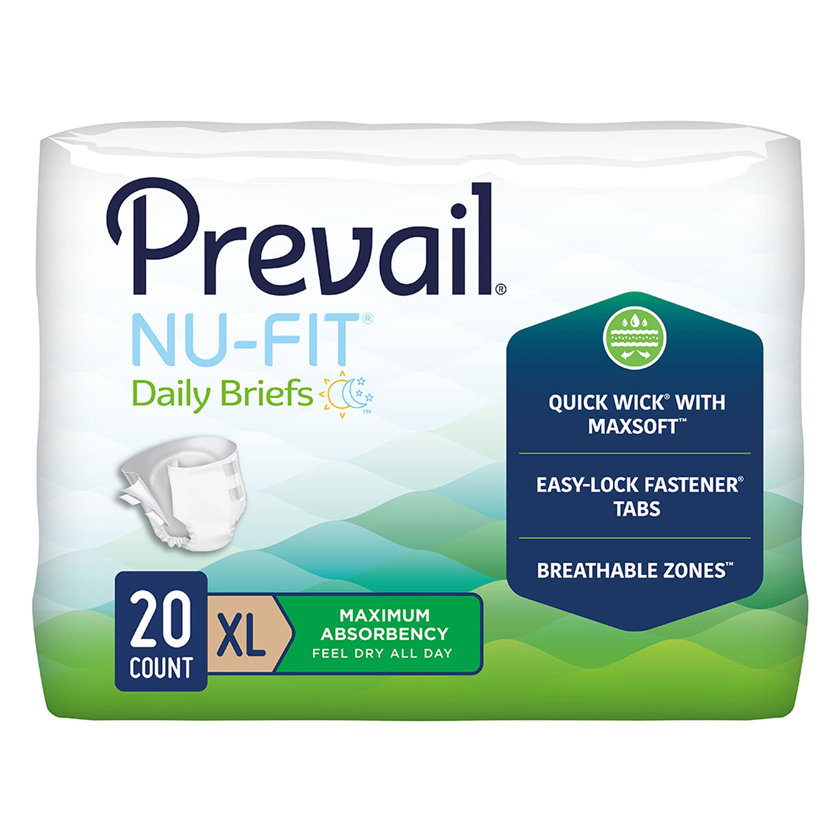 Prevail Nu-Fit Adult Briefs, XL, 20 count—maximum absorbency adult diapers with Quick Wick with MaxSoft, Easy-Lock Fastener tabs, and breathable zones. Reliable protection in a blue and green Prevail package.