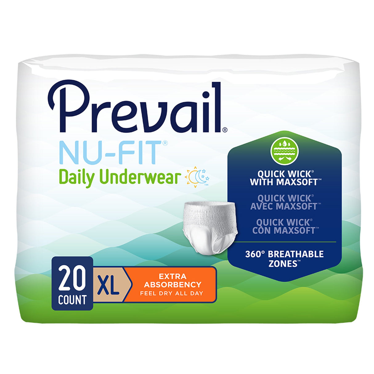 Prevail Nu-Fit Pull On Underwear, XL, 20 count, offers extra absorbency for adult incontinence with Quick Wick featuring MaxSoft and 360° breathable zones—ideal for overnight use. Brand: Prevail.