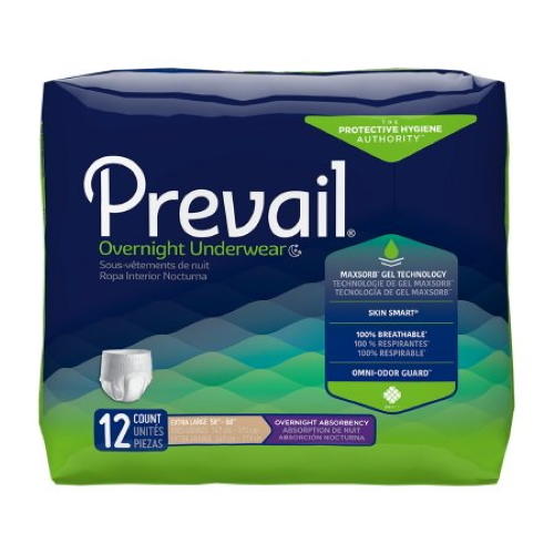 Prevail Overnight Pull On Underwear for adults offers extra absorbency, MaxSorb Gel Technology, Skin Smart, 100% breathable material, Omni-Odor Guard, and comes in a 12-count pack, size S/M.