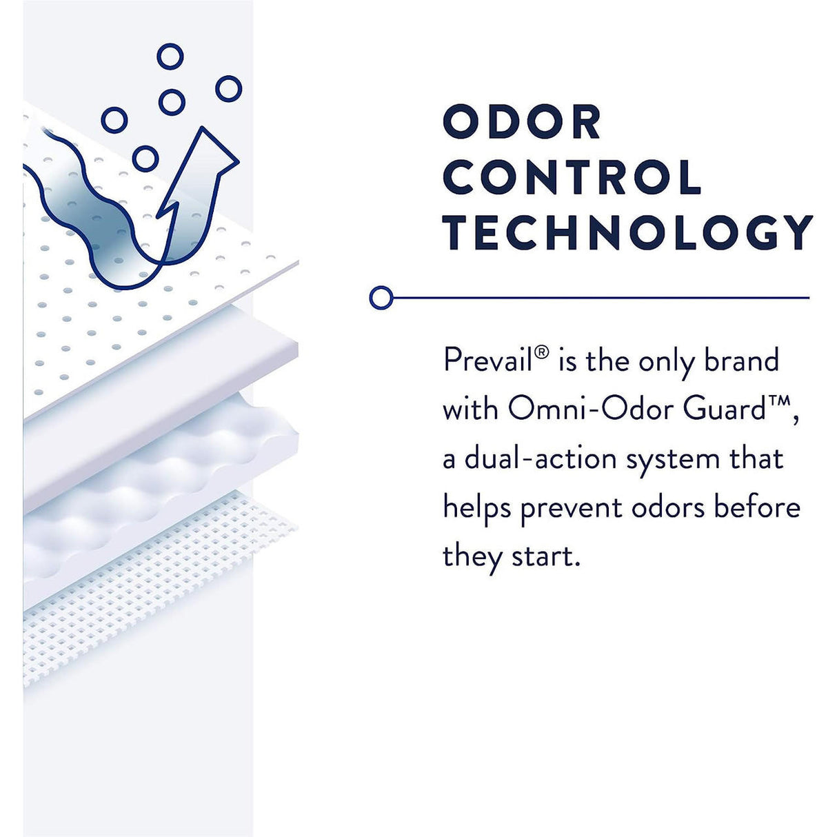 Illustration shows layered materials, arrow, and dots for odor control. Text: Odor Control Technology. Prevail Pant Liners by Prevail feature Omni-Odor Guard to prevent odors before they start and provide dependable leakage protection.