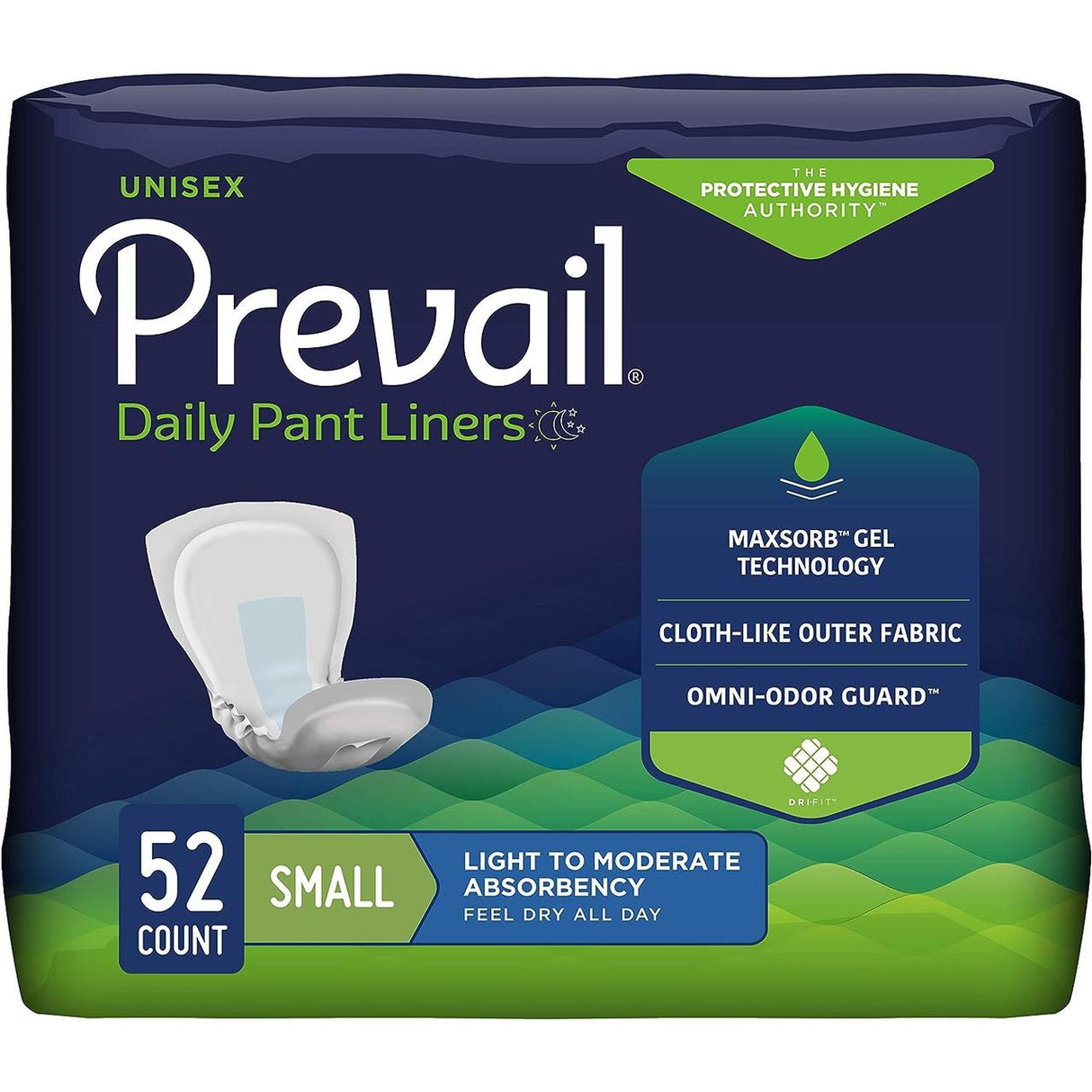 Prevail Pant Liners by Prevail, small size, unisex, 52 count. Features MaxSorb gel technology, cloth-like outer fabric, Omni-Odor Guard, and provides light to moderate absorbency with reliable leakage protection.