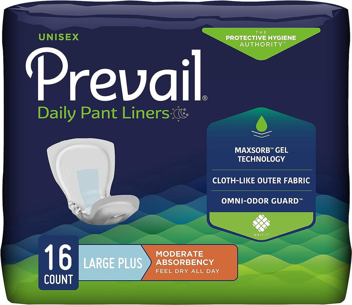 Prevail Pant Liners by Prevail, unisex, large plus size. Contains 16 liners with moderate absorbency, MaxSorb gel for leakage protection, cloth-like cover, and omni-odor guard.