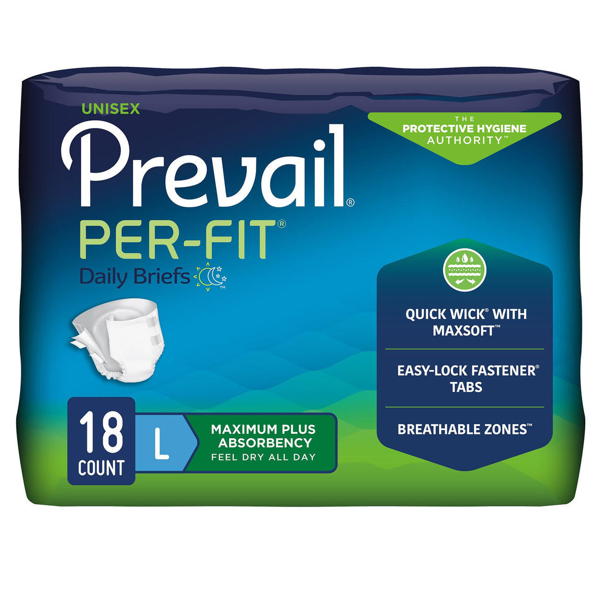 Prevail Per-Fit Adult Briefs, size large, unisex, 18 count. Made by Prevail for heavy bladder leakage with maximum absorbency, easy-lock fastener tabs, and breathable zones.