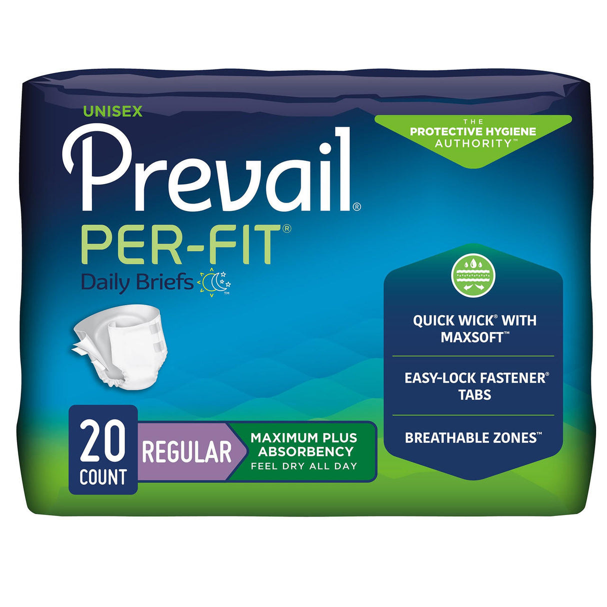 Prevail Per-Fit Adult Brief, by Prevail, regular size, unisex, 20 count. Blue and green pack features heavy bladder leakage protection with maximum plus absorbency, quick wick layer, easy-lock tabs, and breathable zones.