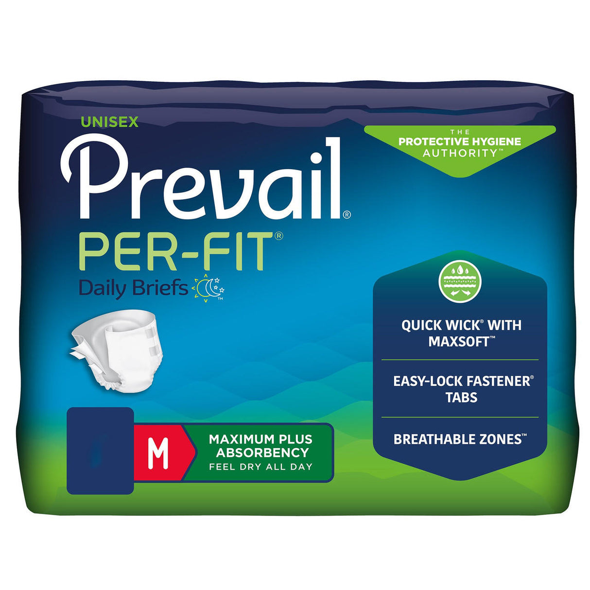 Prevail Per-Fit Adult Briefs, unisex, size medium, offer maximum absorbency for heavy bladder leakage and feature Quick Wick with MaxSoft, easy-lock fasteners, and breathable zones. Brand: Prevail.