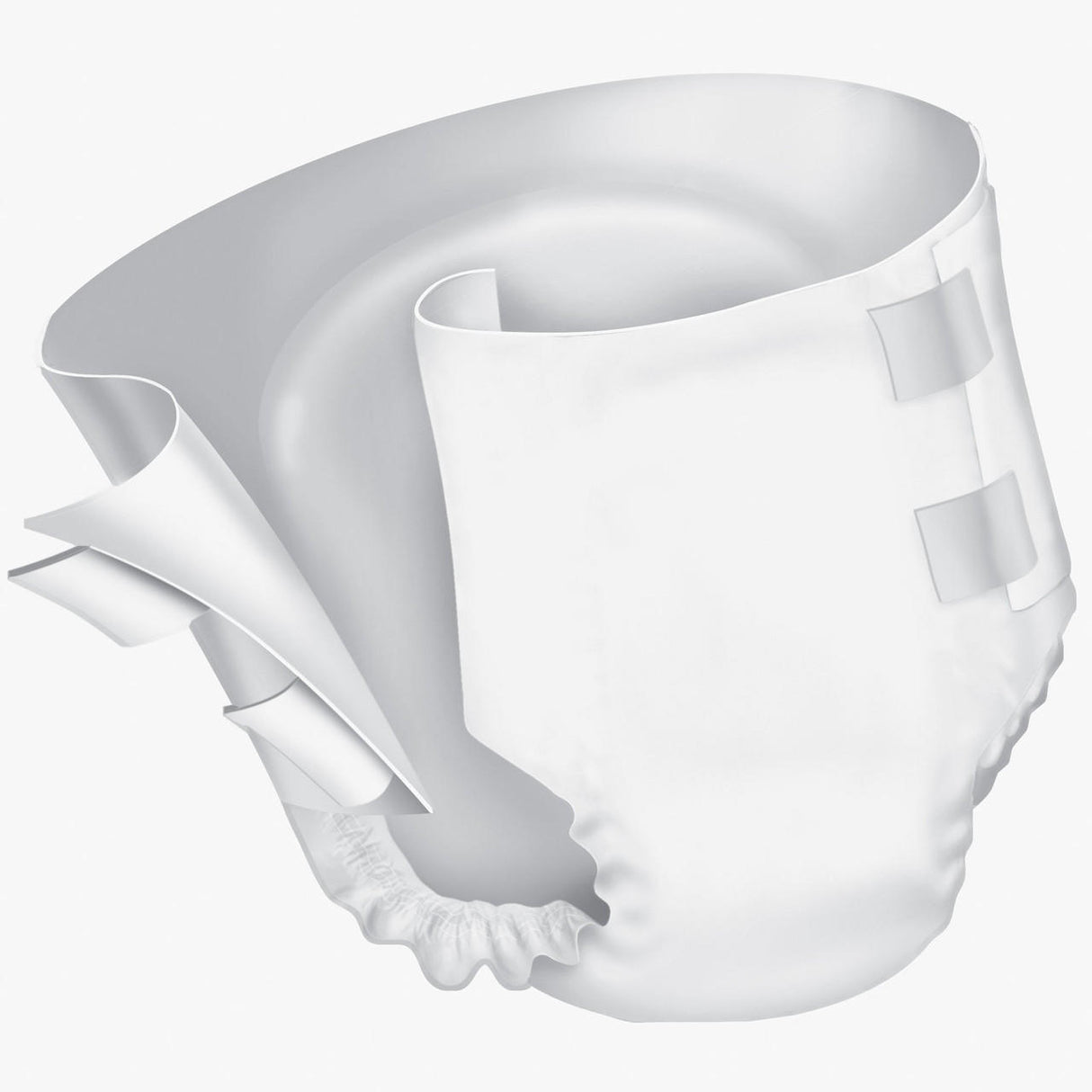 A 3D rendering of a white disposable diaper with elastic leg openings, side tabs, and layered inner materials, open to reveal its design—modeled after the Prevail Per-Fit Adult Brief by Prevail for heavy bladder leakage.