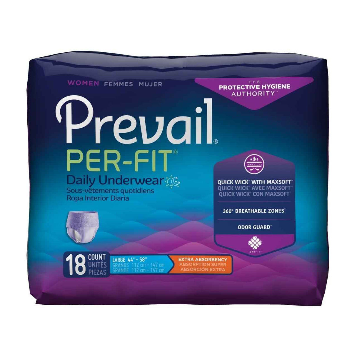 A pack of Prevail Per-Fit Womens Pull On Absorbent Underwear, size large, contains 18 pieces with extra absorbency, odor guard, 360° breathable zones, and Quick Wick with MaxSoft for bladder leak protection.