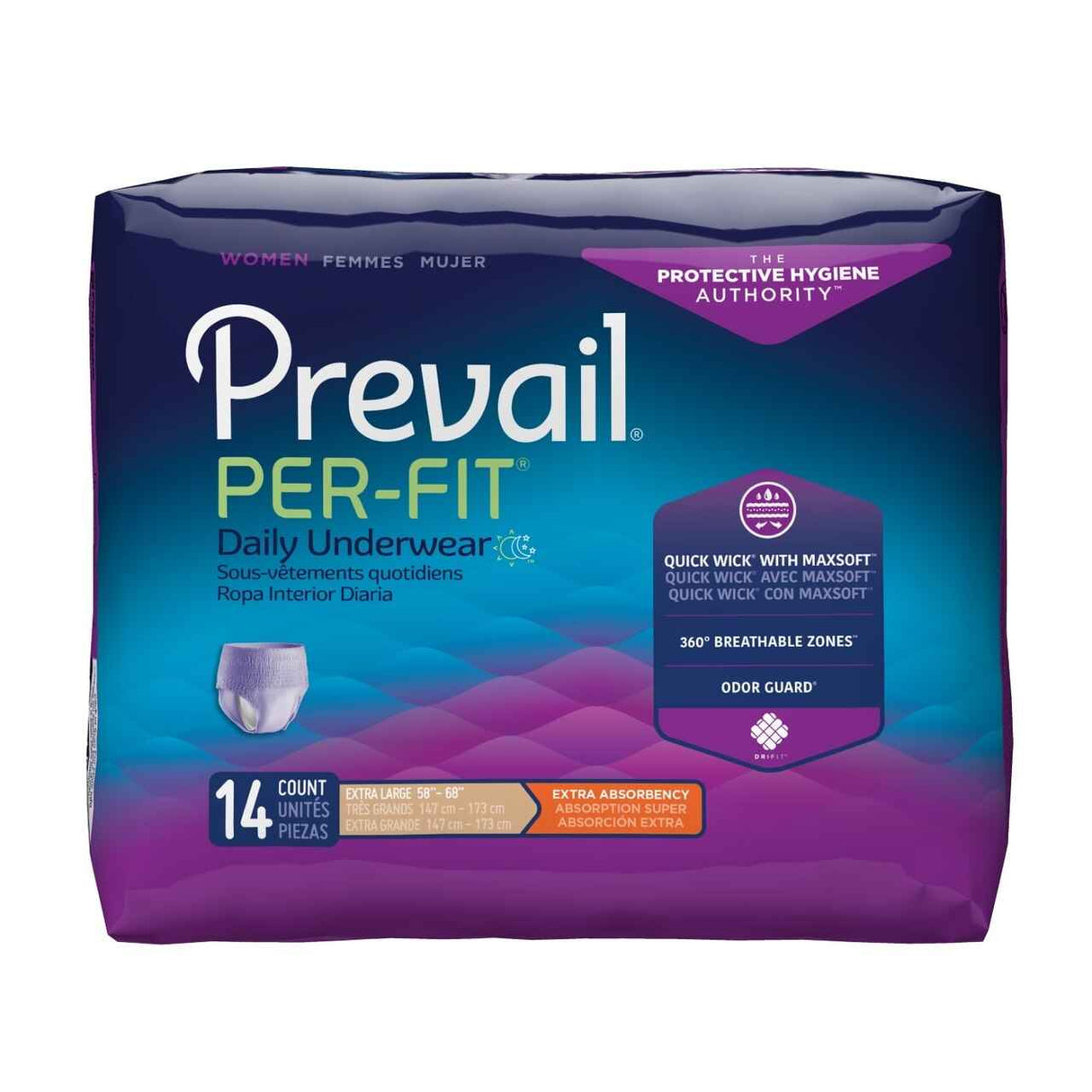 Prevail Per-Fit Womens Pull On Absorbent Underwear, size XL, 14 count, features extra absorbency for bladder leaks, breathable zones, odor guard, and MaxSorb tech in purple and blue packaging.