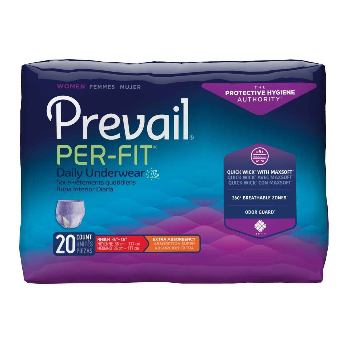Prevail Per-Fit Womens Pull On Absorbent Underwear by Prevail offers 20 medium-size disposable, extra absorbency underwear with Quick Wick with MaxSoft and Odor Guard for reliable bladder leak protection.