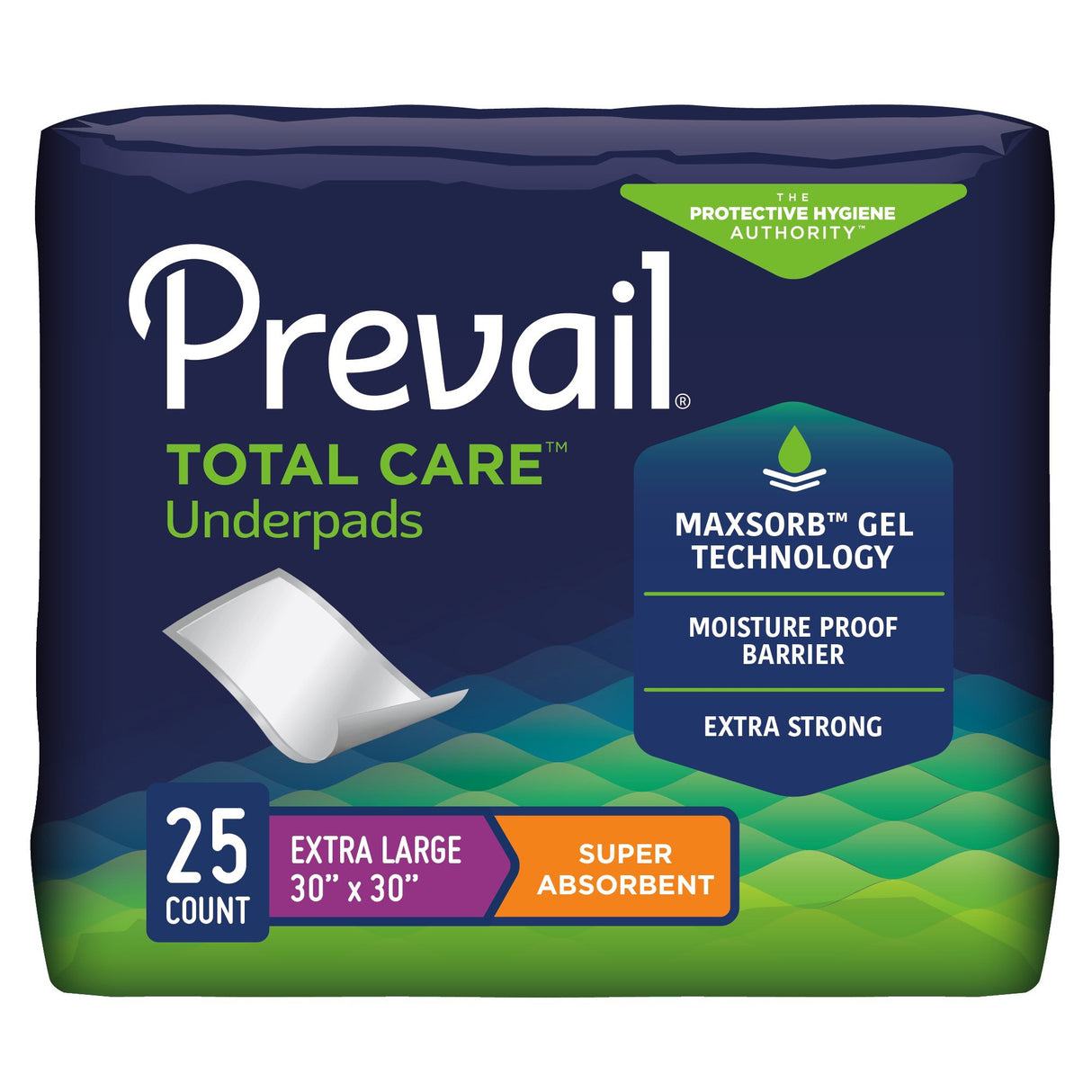 Prevail Total Care Disposable Underpads by Prevail feature MaxSorb gel, a moisture-proof barrier, and super absorbency. Navy and green packaging includes 25 extra-large (30x30 in) disposable pads for maximum protection.
