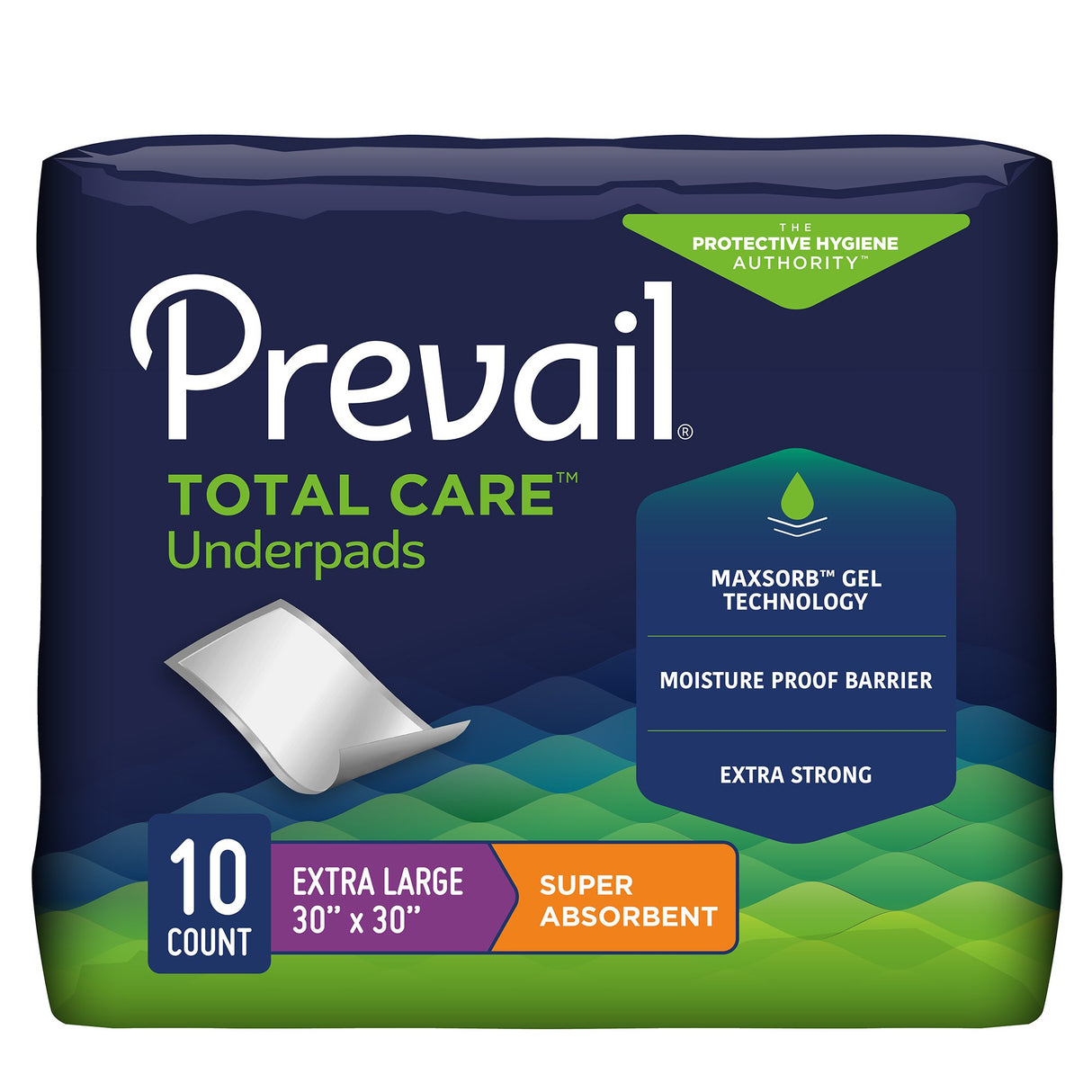 The Prevail Total Care Disposable Underpads pack includes 10 extra large (30x30), super absorbent pads with MaxSorb gel, blue and green accents, and key features shown on the front.