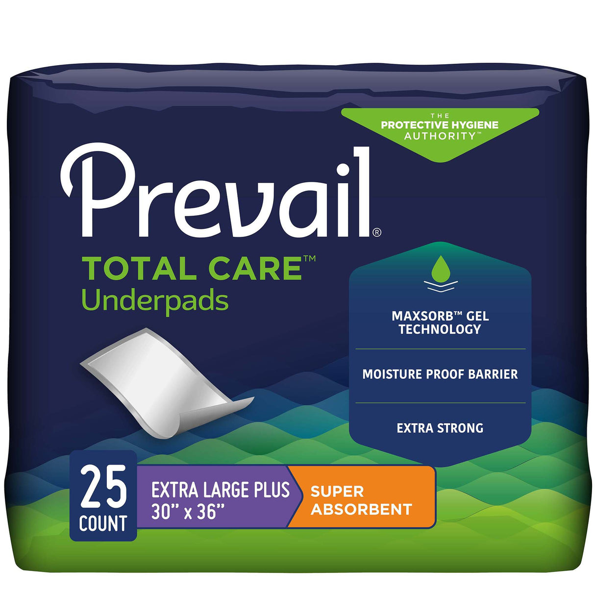 Prevail Total Care Disposable Underpads by Prevail offer MaxSorb gel tech for high absorbency, a moisture-proof barrier, and extra strength. Each pack has 25 XL Plus pads (30 x 36), ideal for reliable protection.