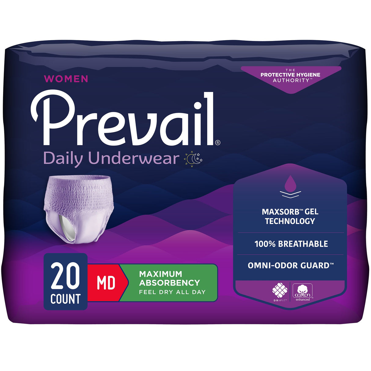 Packaging of Prevail Underwear for Women by Prevail, featuring a purple medium-size disposable underwear, 20 count, with heavy absorbency MaxSorb Gel technology and 100% breathable material for dependable leakage protection.