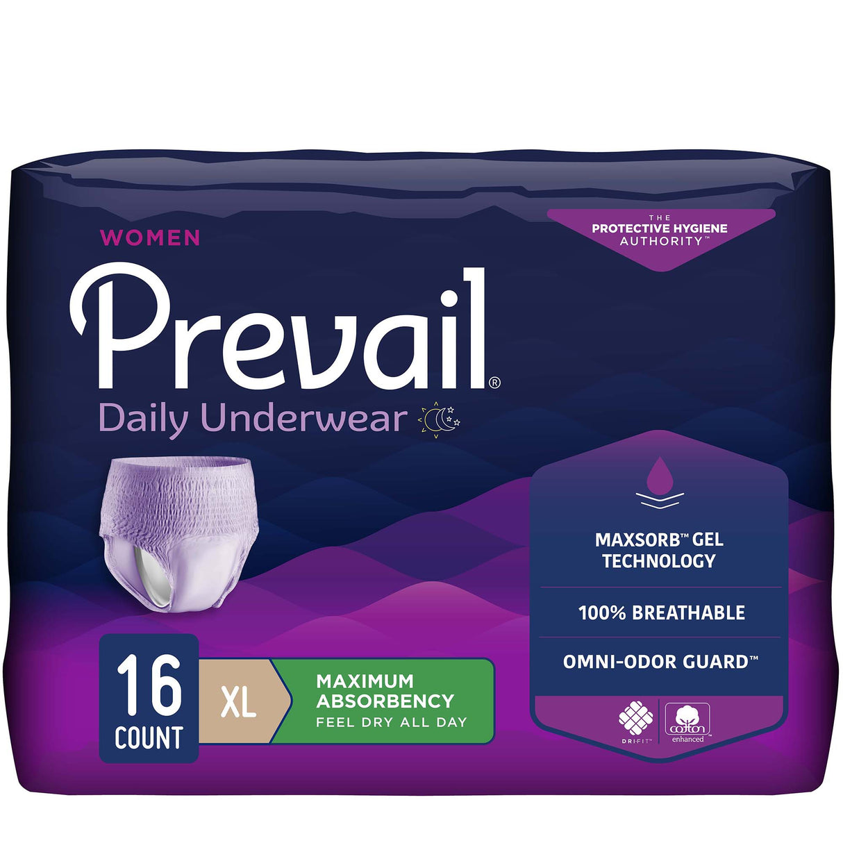 Prevail Underwear for Women, XL, 16 count, in a purple package. Features heavy absorbency with MaxSorb Gel technology for advanced leakage protection. Image of the underwear is displayed on the packaging.