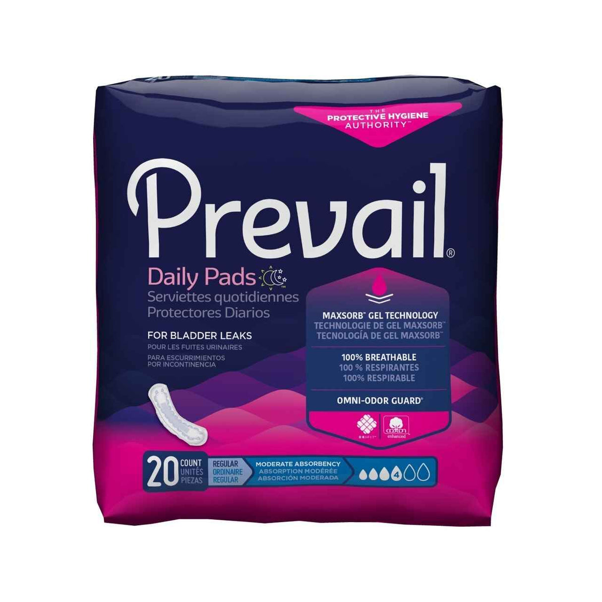 Prevail Womens Bladder Control Pads, Moderate, by Prevail—20 absorbent pads per pack for bladder leakage. Features MaxSorb and Omni-Odor Guard. The packaging is dark blue and purple to highlight key benefits.