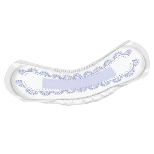 Illustration of a Prevail Womens Bladder Control Pad, Moderate, featuring decorative purple edge patterns and a central absorbent strip for bladder leakage protection, displayed on a white background.
