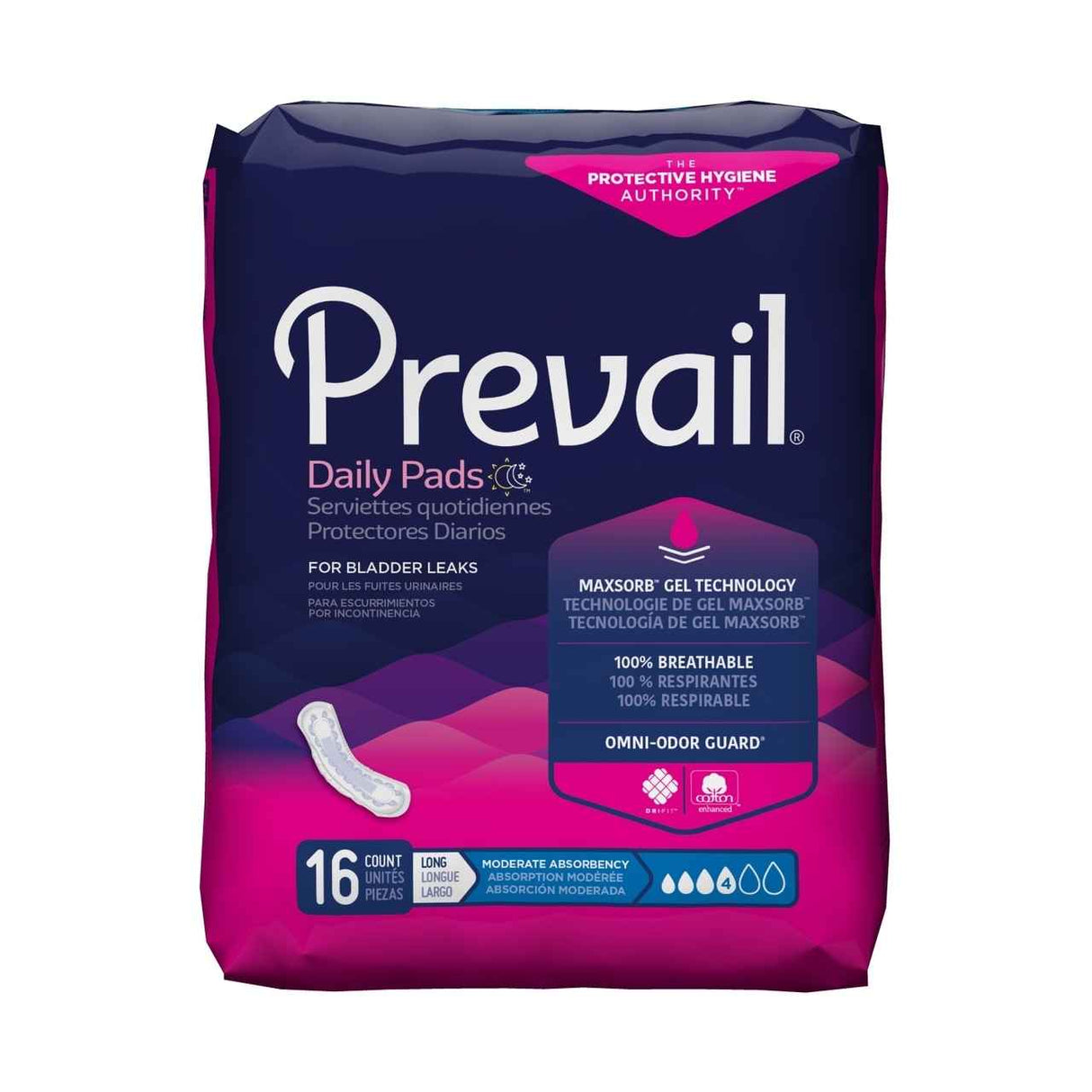 Prevail Womens Bladder Control Pad, Moderate offers 16 absorbent pads with MaxSorb Gel Technology for moderate bladder leaks. Details in English, French, and Spanish are on a dark blue and pink package.