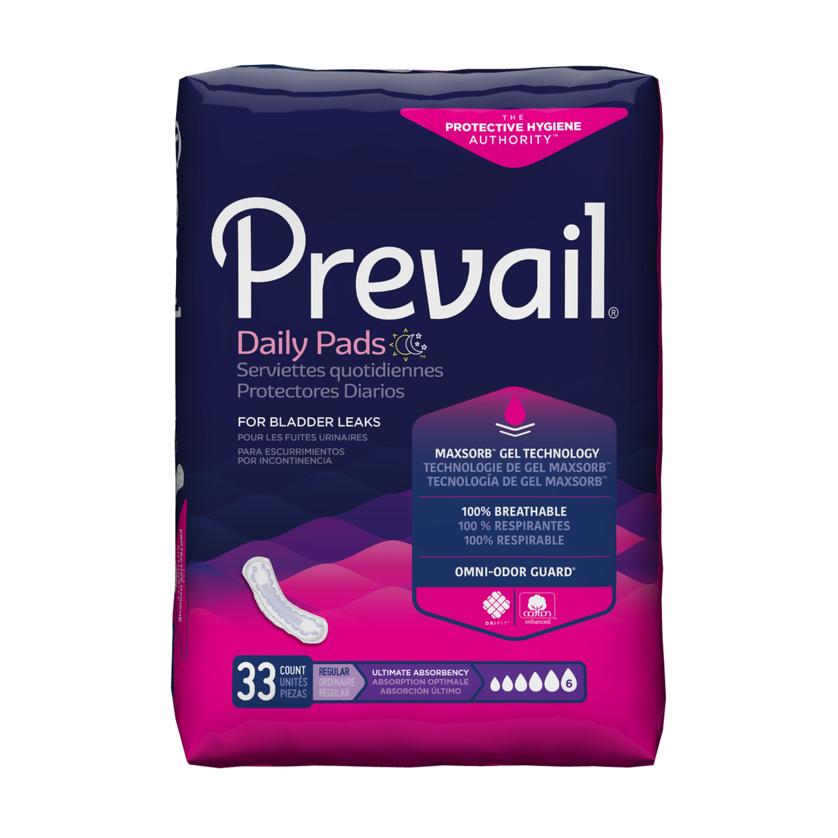 Prevail Womens Bladder Control Pad, Ultimate, offers heavy absorbency with MaxSorb Gel, a 100% breathable design, omni-odor guard, and comes in a purple and pink 33-count pack for bladder leak protection.