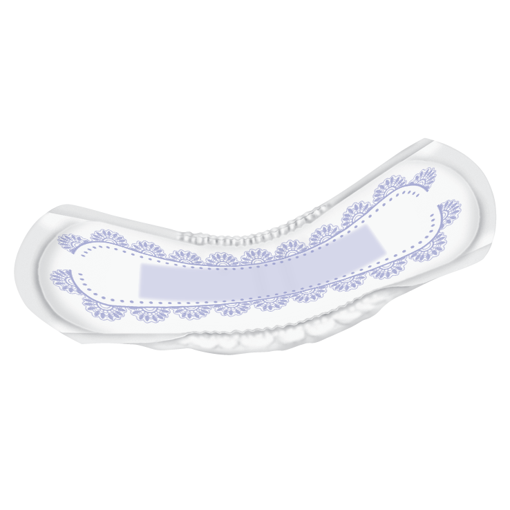 A close-up of the Prevail Womens Bladder Control Pad, Ultimate by Prevail, featuring a curved shape and light purple edge patterns, designed for heavy absorbency and reliable bladder leak protection, shown on a plain white background.