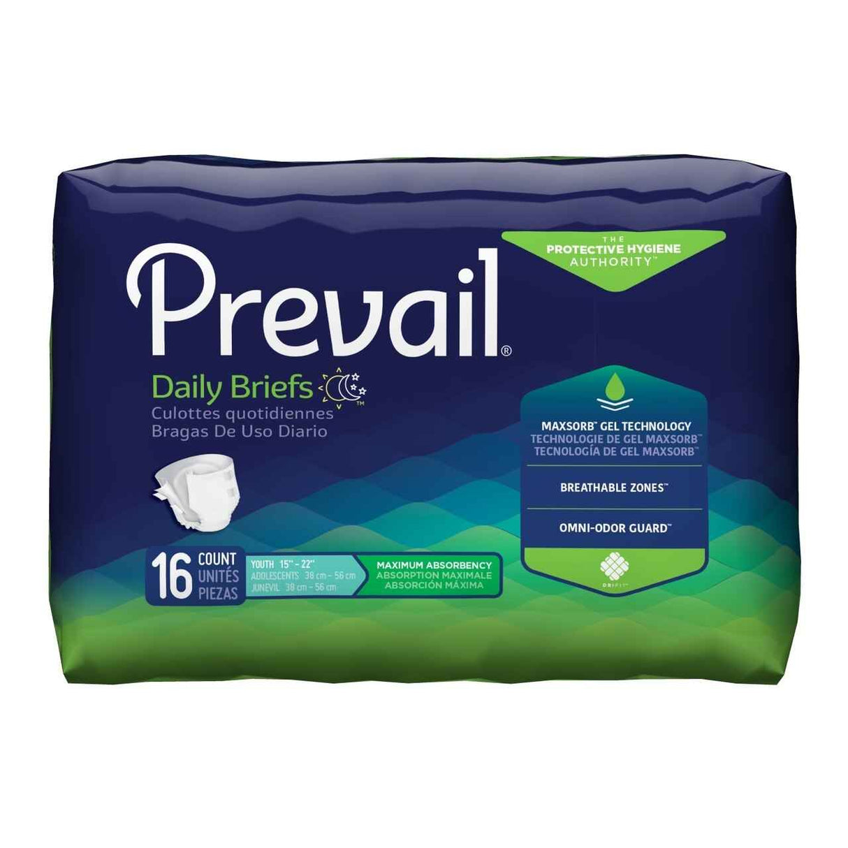 Package of Prevail Youth Briefs, featuring blue and green design, MaxSorb Gel Technology for maximum absorbency, Breathable Zones, Omni-Odor Guard, and product info. Contains 16 briefs. Brand: Prevail.