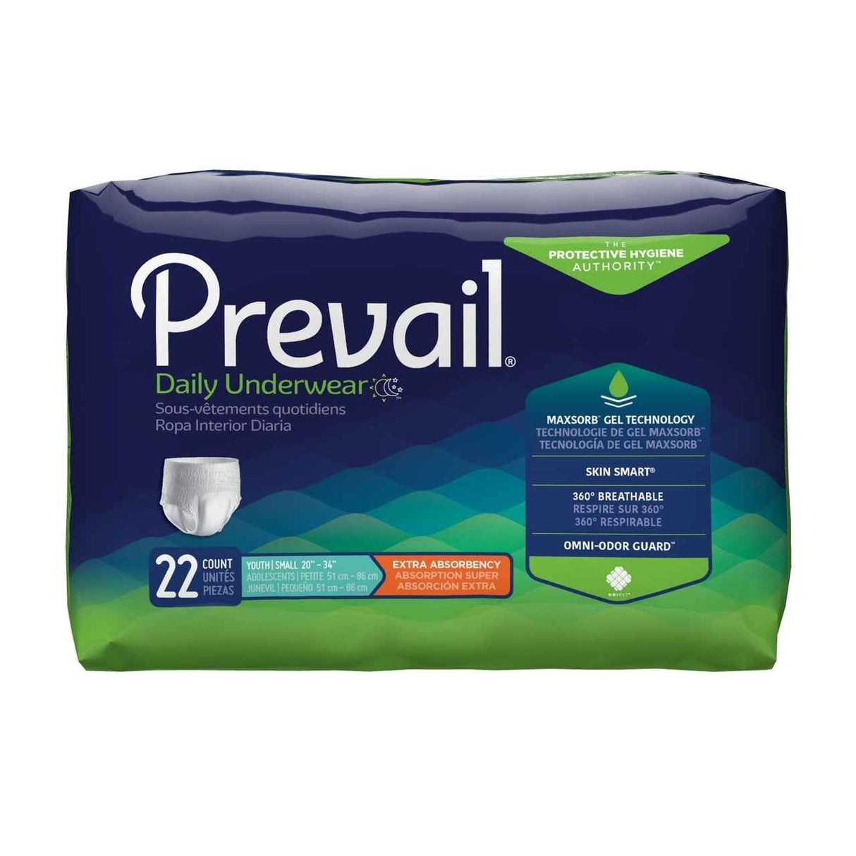 Prevail Youth Underwear by Prevail features extra absorbency with MaxSorb Gel and Skin Smart technology for incontinence protection. The green and blue pack contains 22 underwear, designed for superior hygiene and comfort.