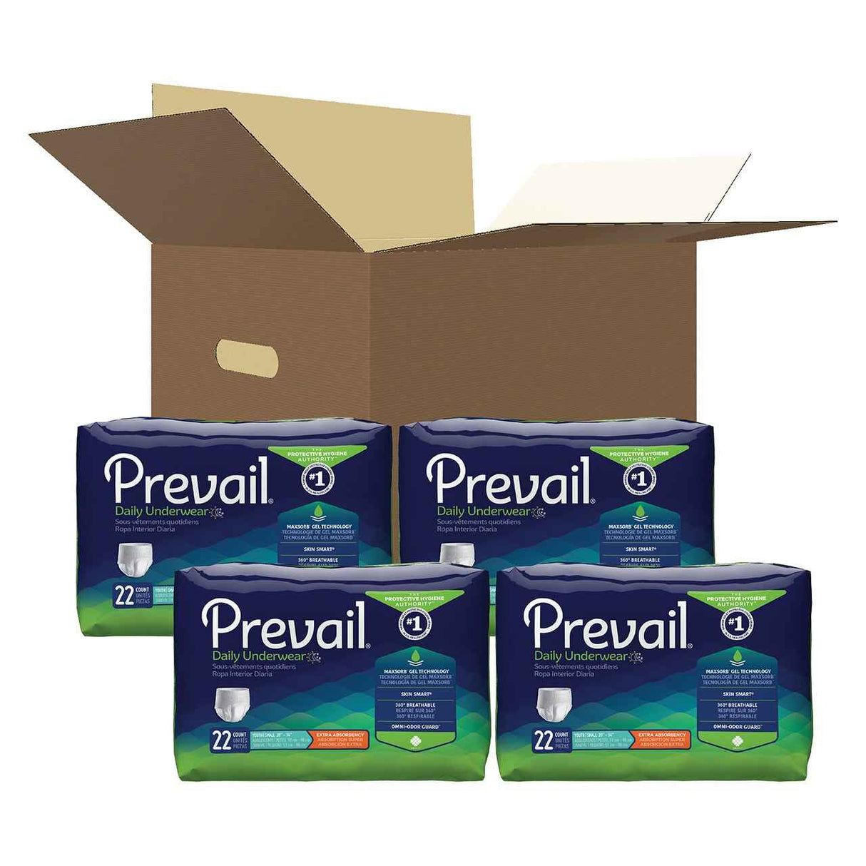 An open cardboard box sits behind four packs of Prevail Youth Underwear, each offering reliable incontinence protection, displayed neatly in two rows.
