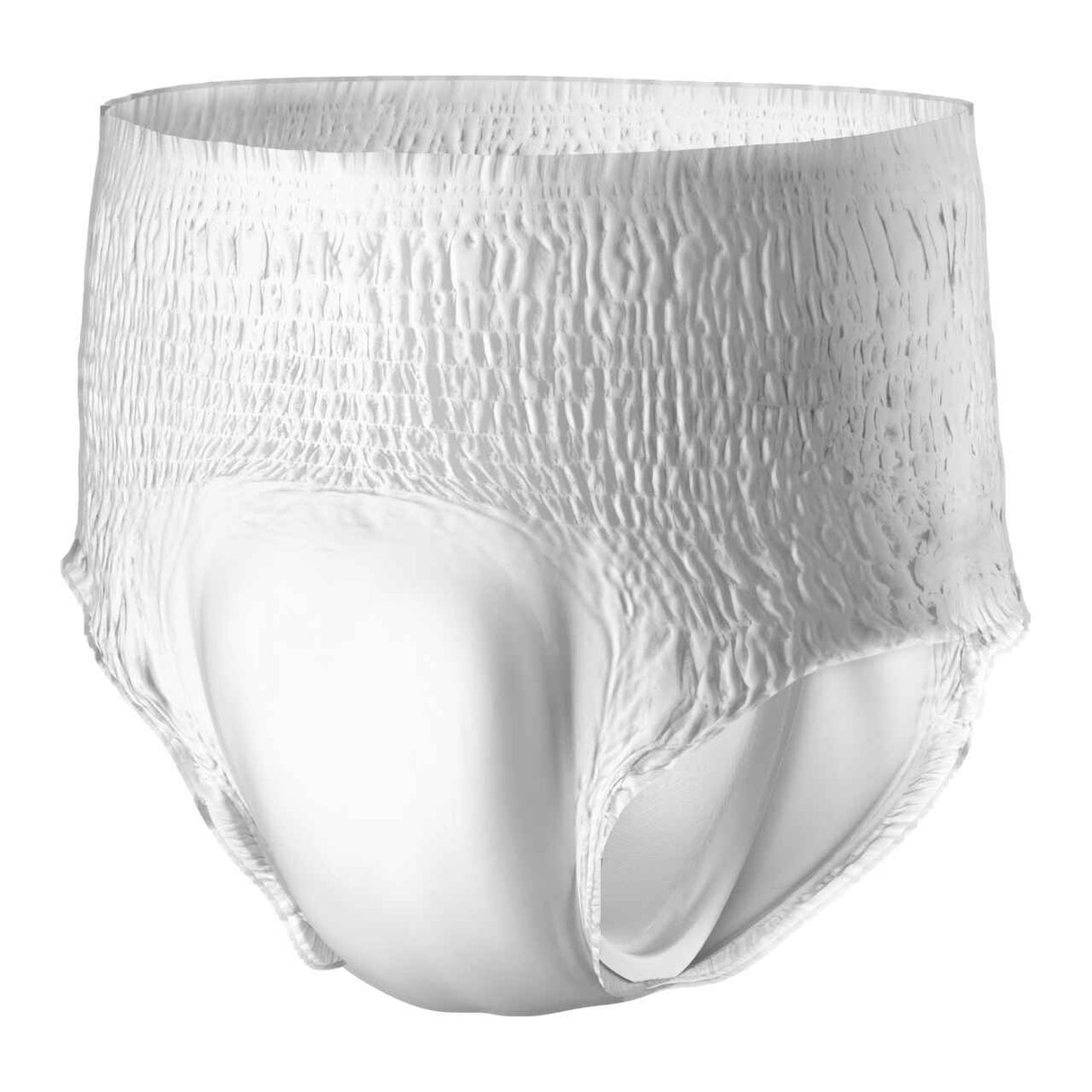 A close-up of a single Prevail Youth Underwear disposable pull-up diaper with elastic waistband and leg openings, displayed on a plain white background, highlighting Prevails reliable incontinence protection for youth.